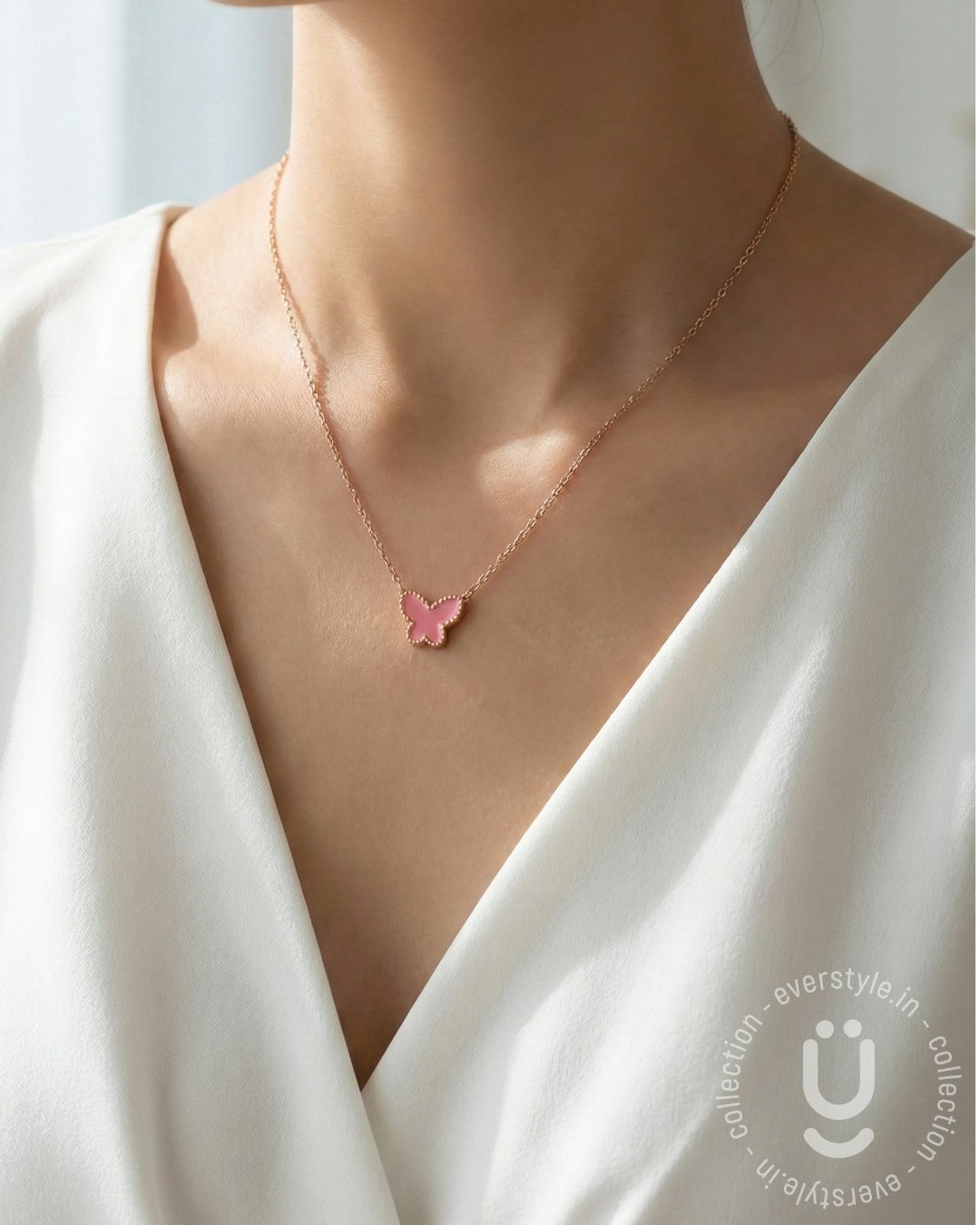 Anti-Tarnish Rose Gold Butterfly Pink Pendant Necklace