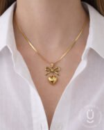 Anti-Tarnish Gold Bow With Heart Necklace