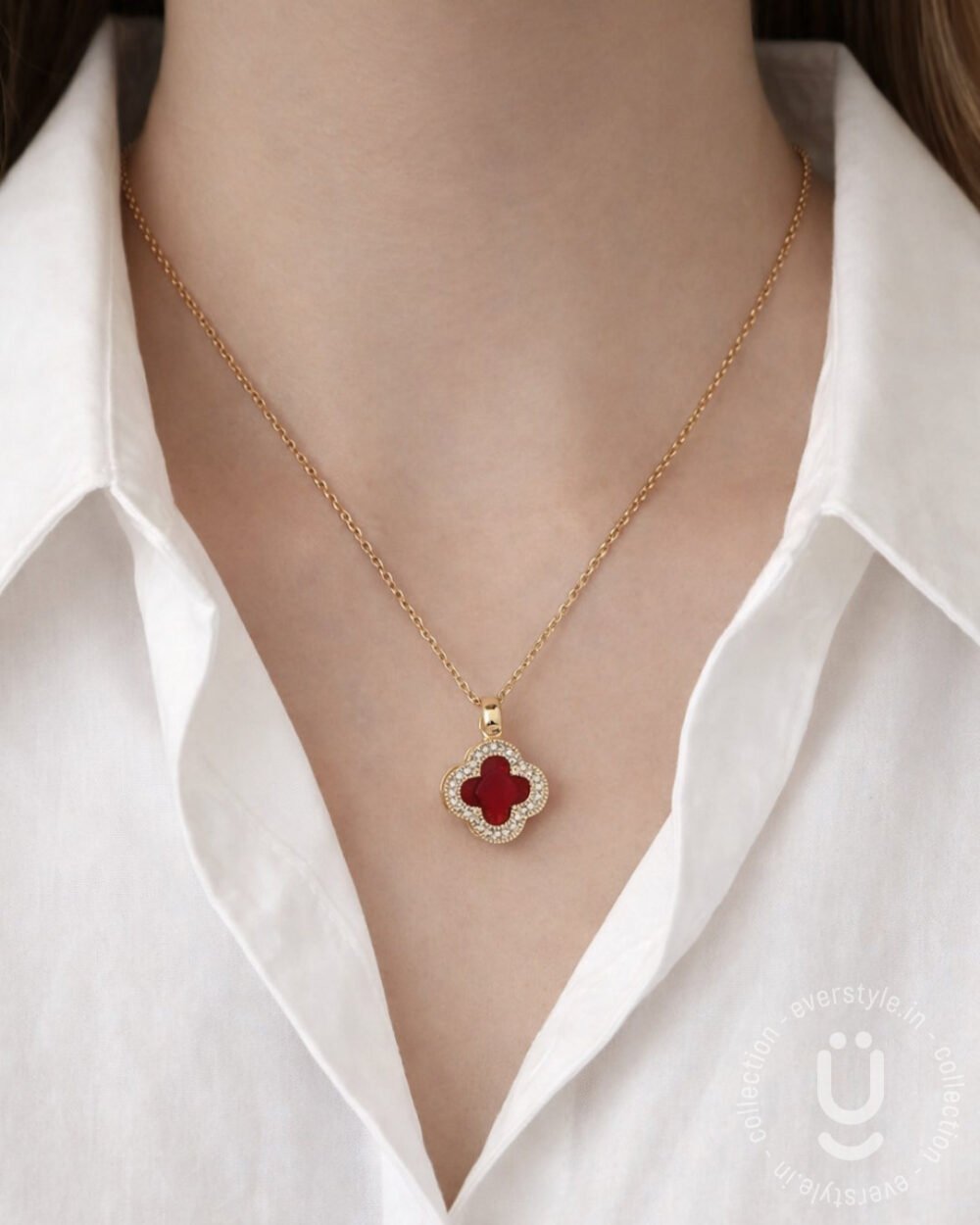 Anti-Tarnish Gold Red Clover Necklace