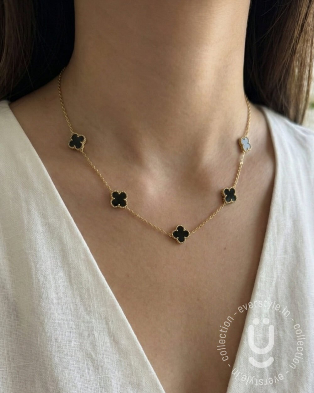 Anti-Tarnish Gold Clover Double Side Black & White Necklace