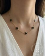 Anti-Tarnish Gold Clover Double Side Black & White Necklace