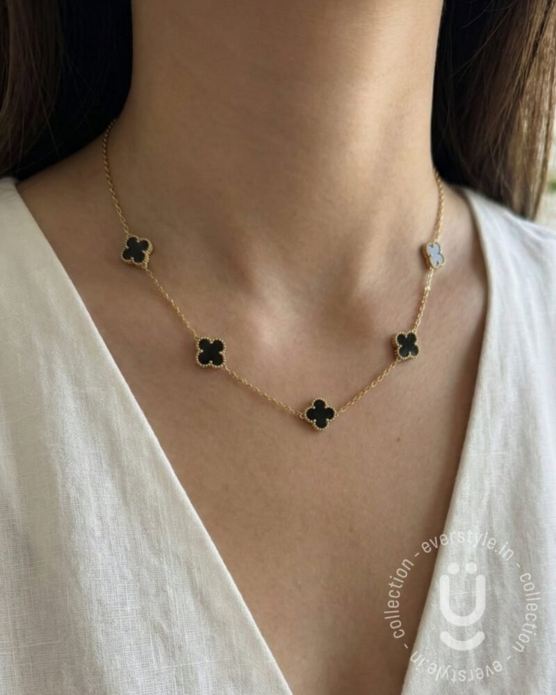 Anti-Tarnish Gold Clover Double Side Black & White Necklace