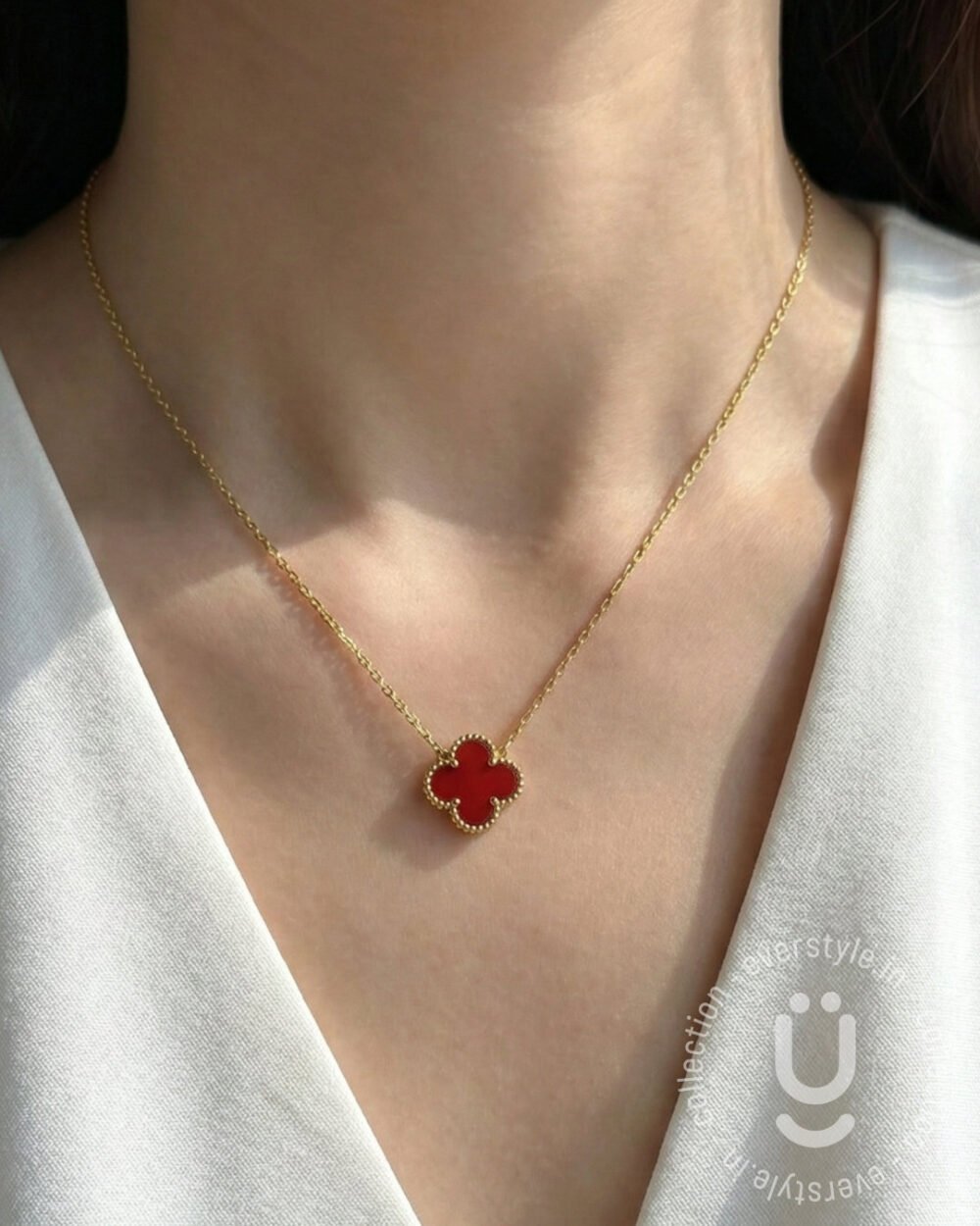 Anti-Tarnish Gold Clover Red Necklace