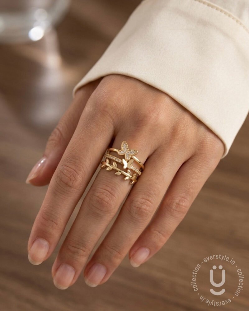 Anti-Tarnish Gold Stone Butterfly Finger Ring With Adjustable Size