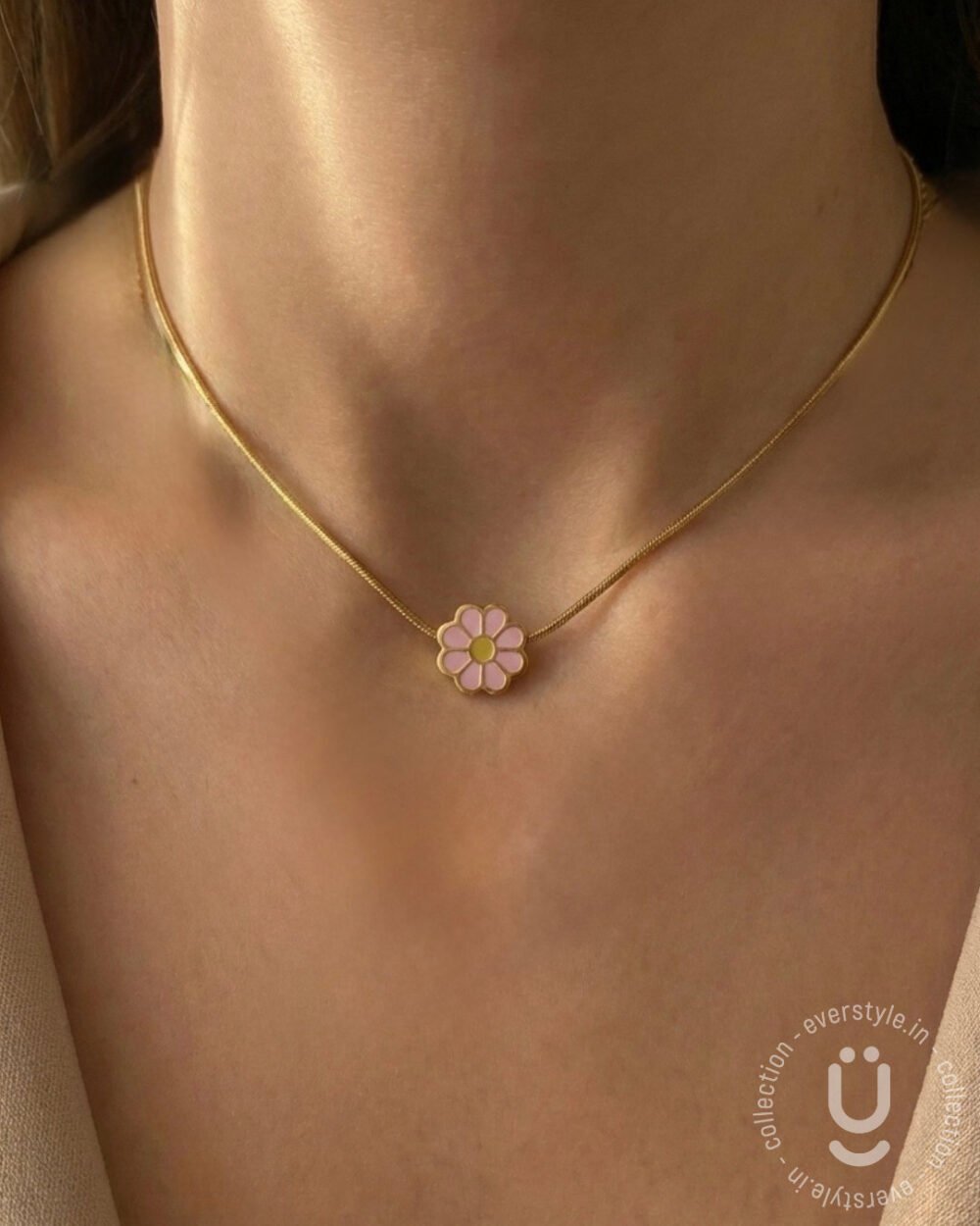 Anti-Tarnish Gold Pink Flower Pendant Necklace