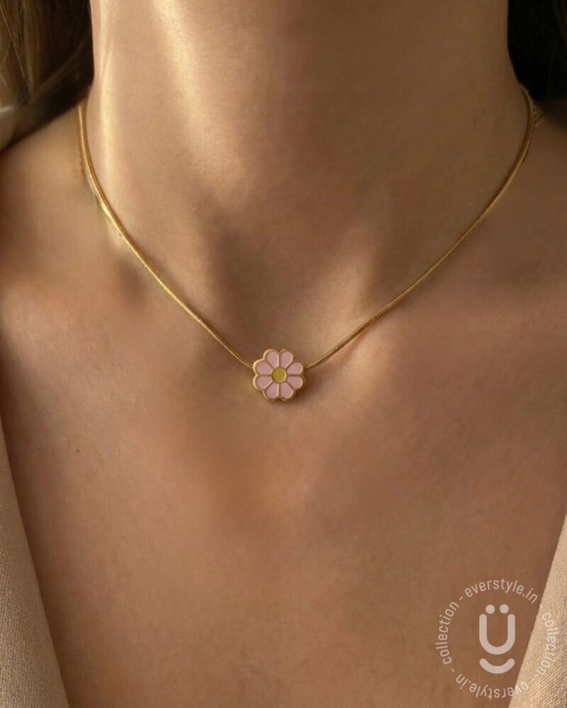 Anti-Tarnish Gold Pink Flower Pendant Necklace
