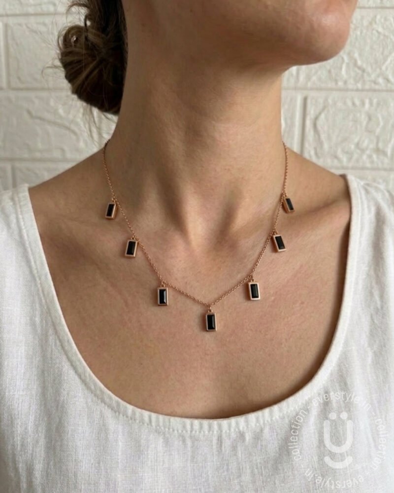 Anti-Tarnish Rose Gold Black Stone Charms Necklace