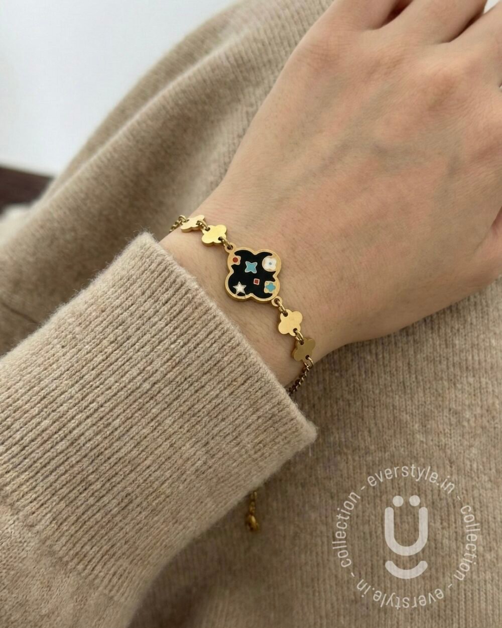 Anti-Tarnish Gold Black Clover Adjustable Bracelet