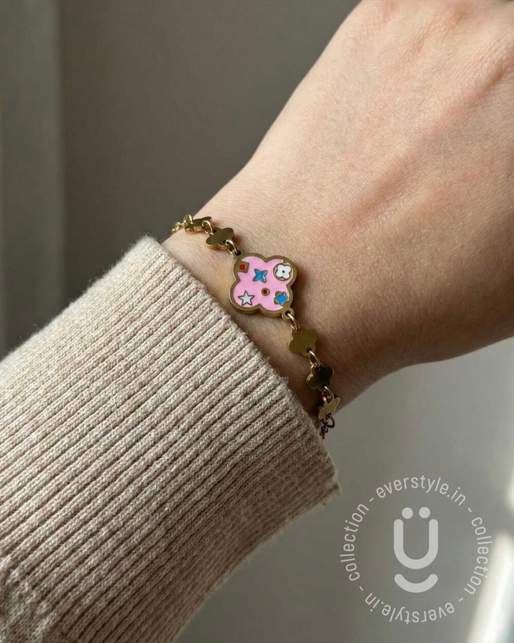 Anti-Tarnish Gold Pink Clover Adjustable Bracelet