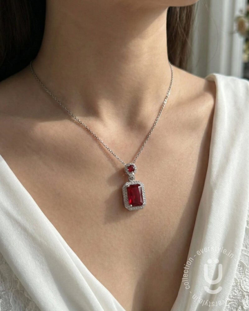 Anti-Tarnish Silver Red Stone Pendant Necklace