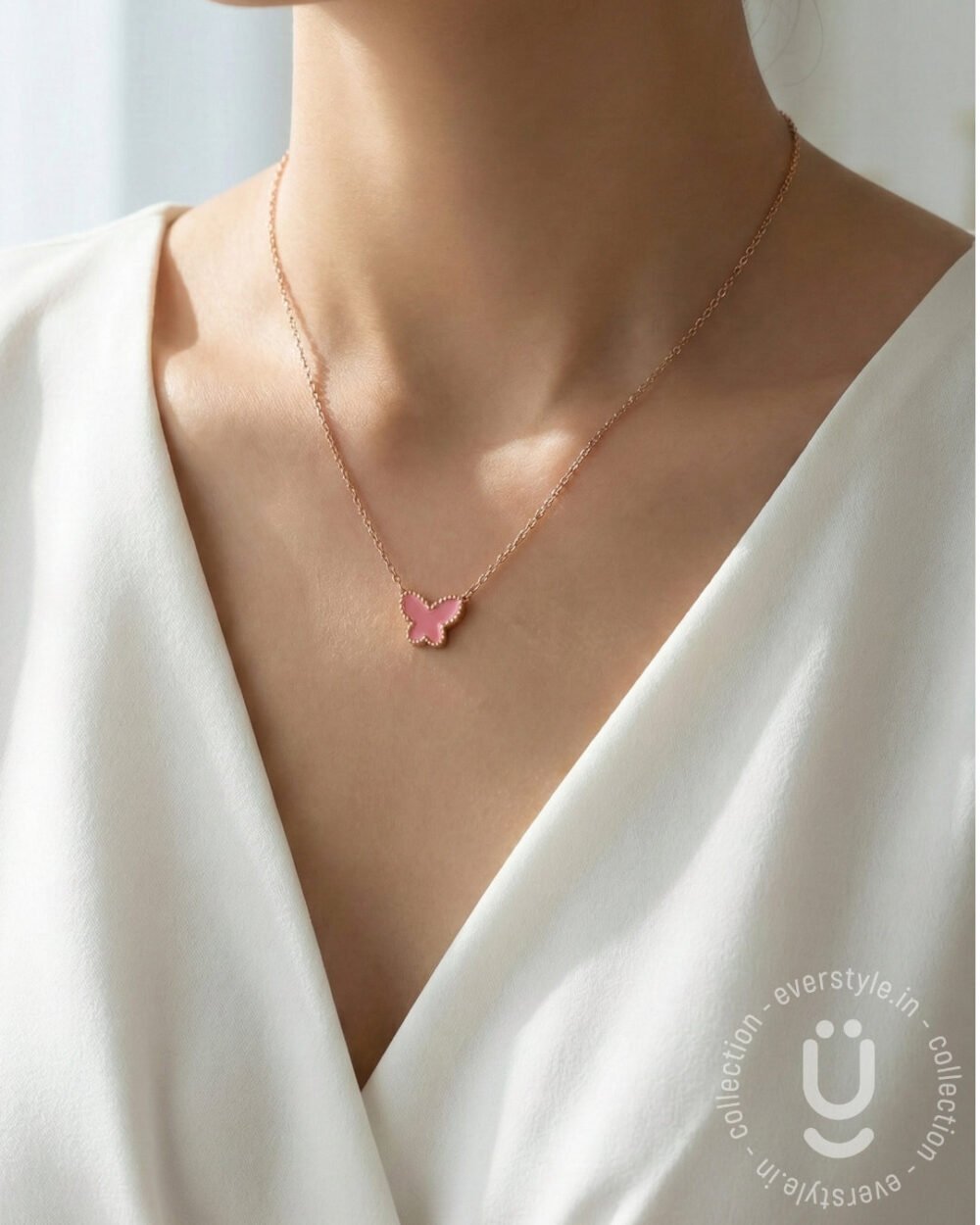 Anti-Tarnish Rose Gold Butterfly Pink Pendant Necklace