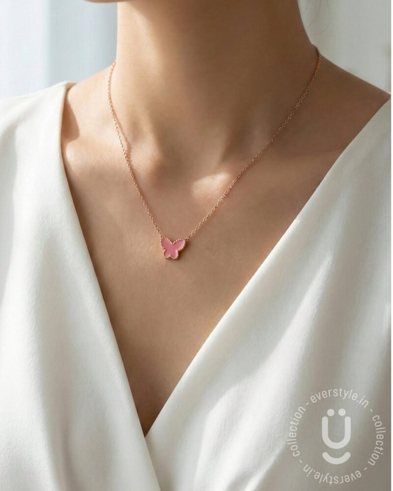 Anti-Tarnish Rose Gold Butterfly Pink Pendant Necklace