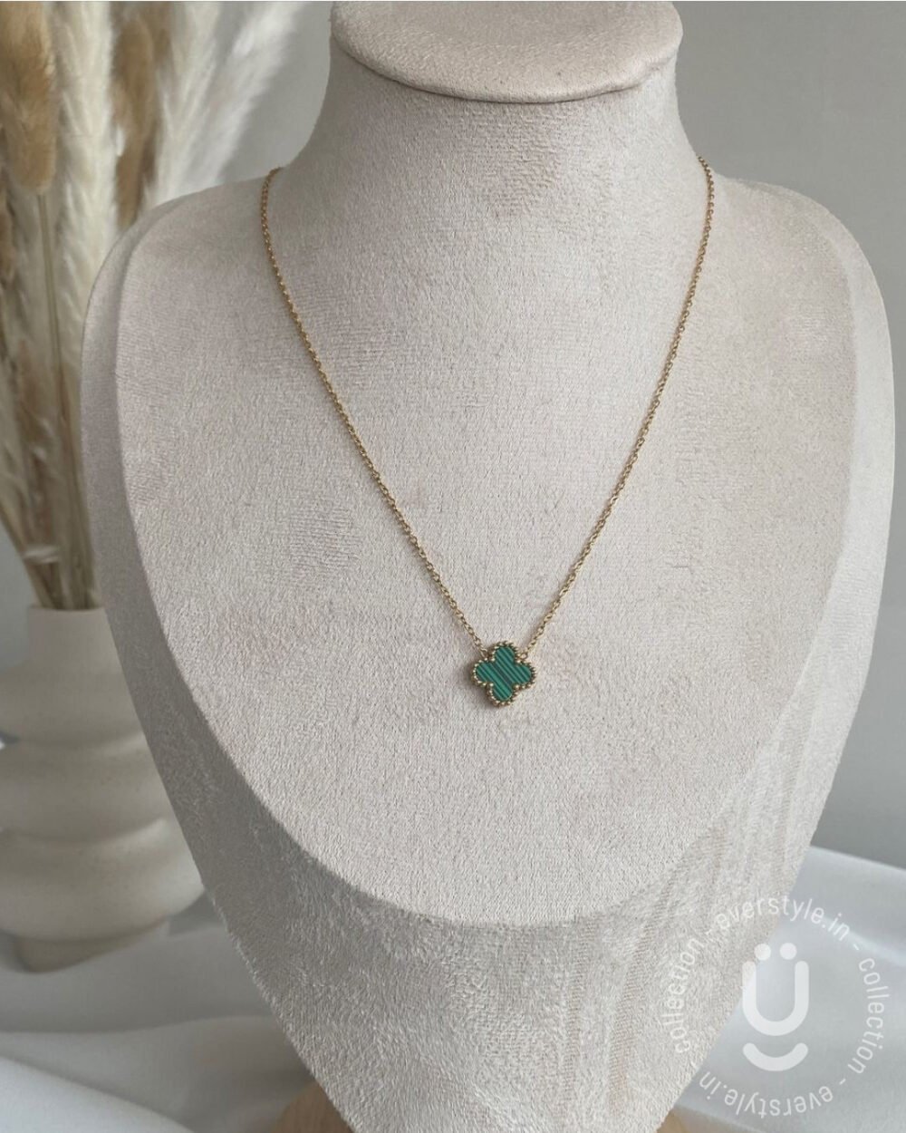 Anti-Tarnish Rose Gold Clover Green Pendant Necklace
