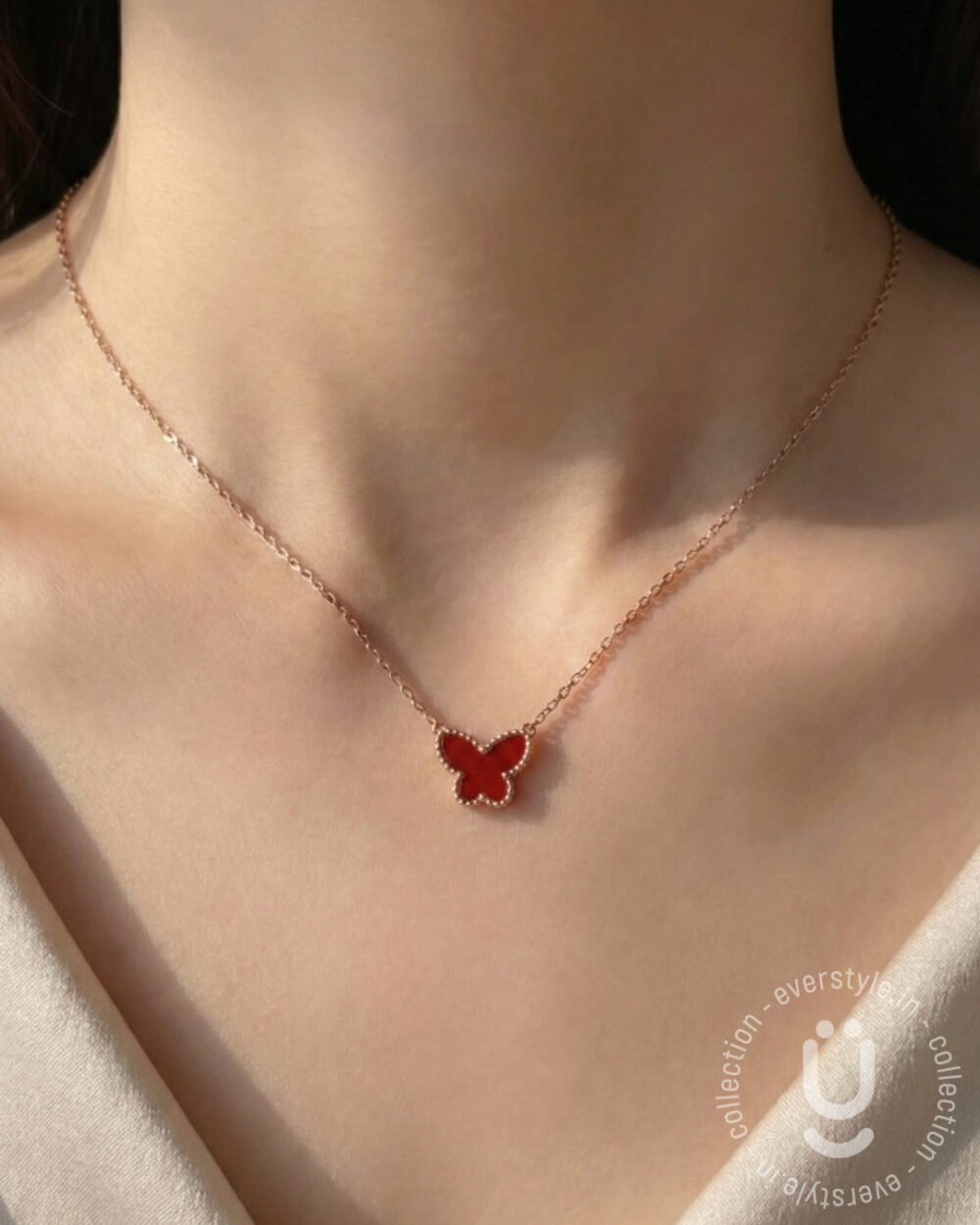 Anti-Tarnish Rose Gold Red Butterfly Pendant Necklace