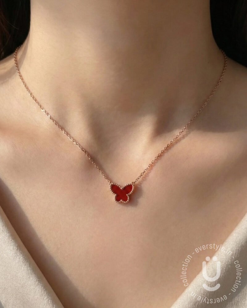 Anti-Tarnish Rose Gold Red Butterfly Pendant Necklace