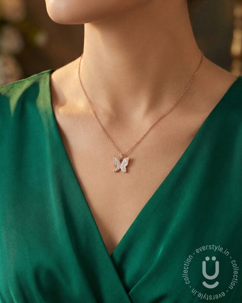 Anti-Tarnish Rose Gold Butterfly Stone Pendant Necklace