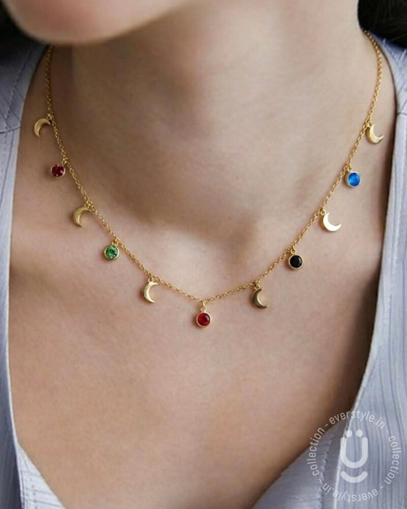 Anti-Tarnish Gold Moon Multi Stone Charms Necklace