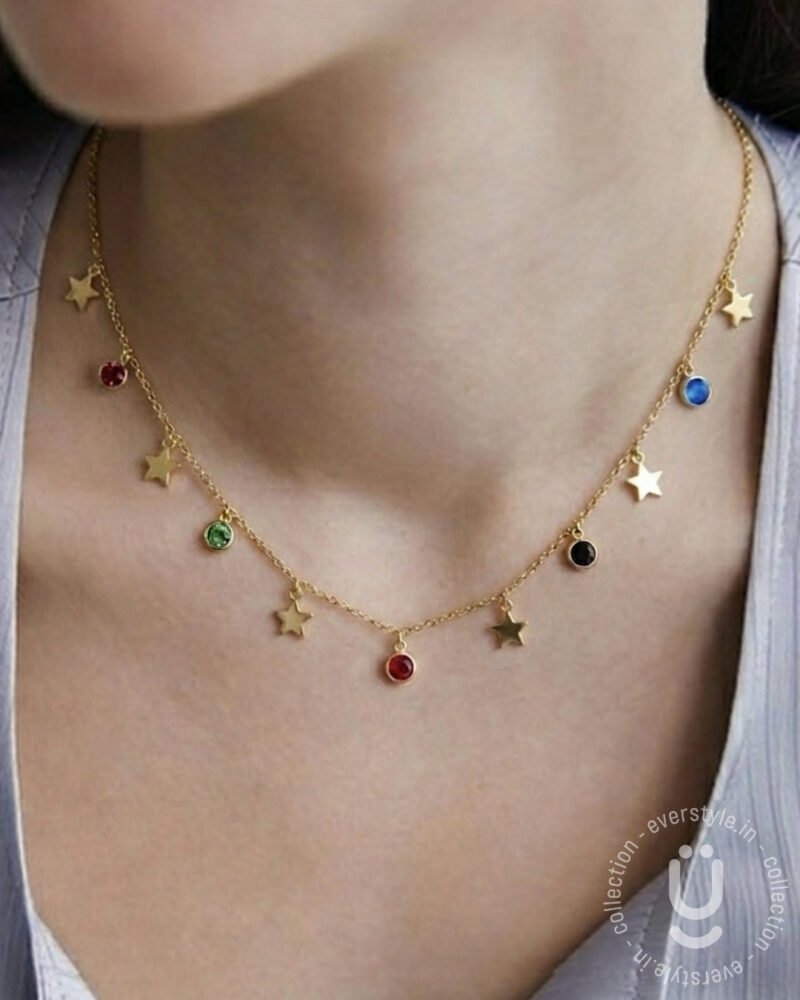 Anti-Tarnish Gold Star Multi Stone Charms Necklace