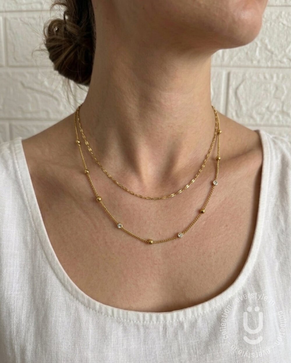 Anti-Tarnish Gold Double Layered Stone Necklace