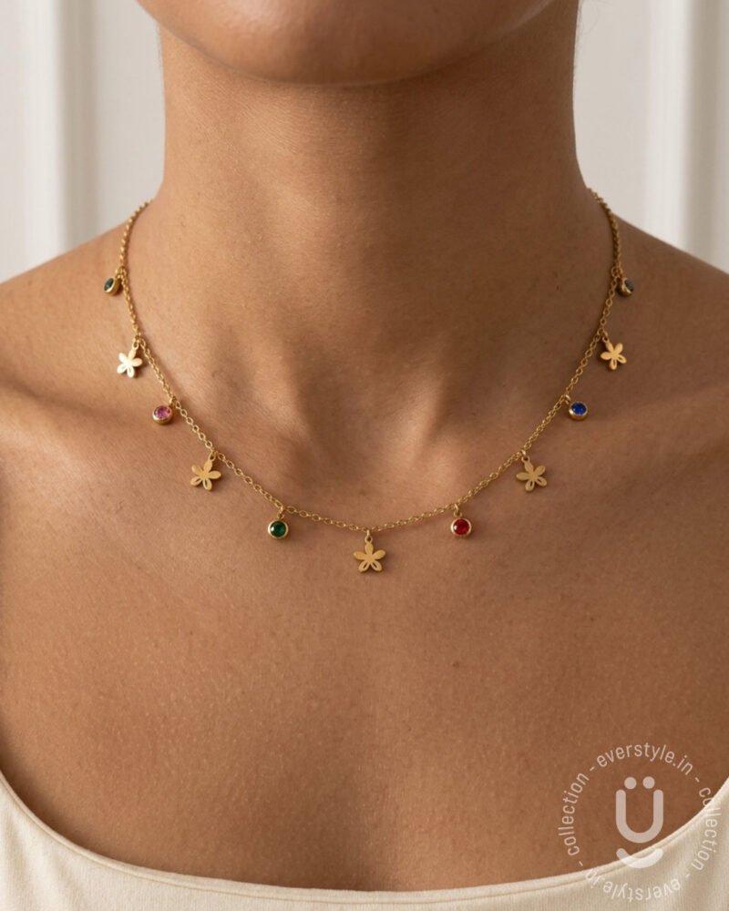 Anti-Tarnish Gold Star Multi Stone Charms Necklace
