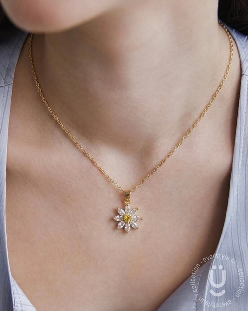 Anti-Tarnish Gold Flower White Stone Pendant Necklace