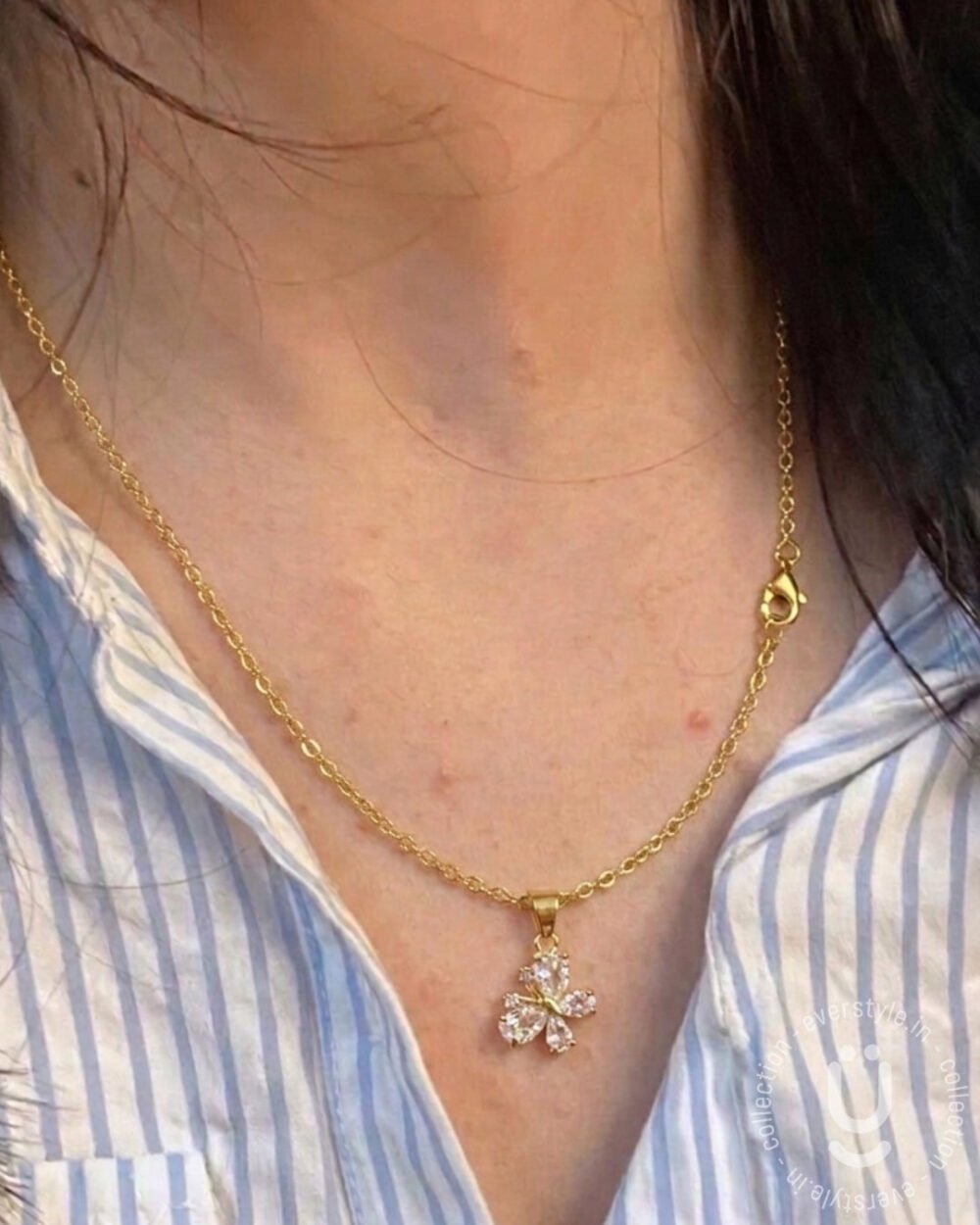 Anti-Tarnish Gold Butterfly White Stone Pendant Necklace